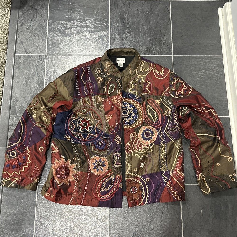 Vintage CHICO'S Women’s Woven SILK BLEND Colorful Open Blazer Jacket Size 3 Fall